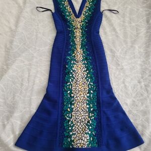 Herve Leger Royal Blue Mosaic-Panel V-Neck Midi Dress